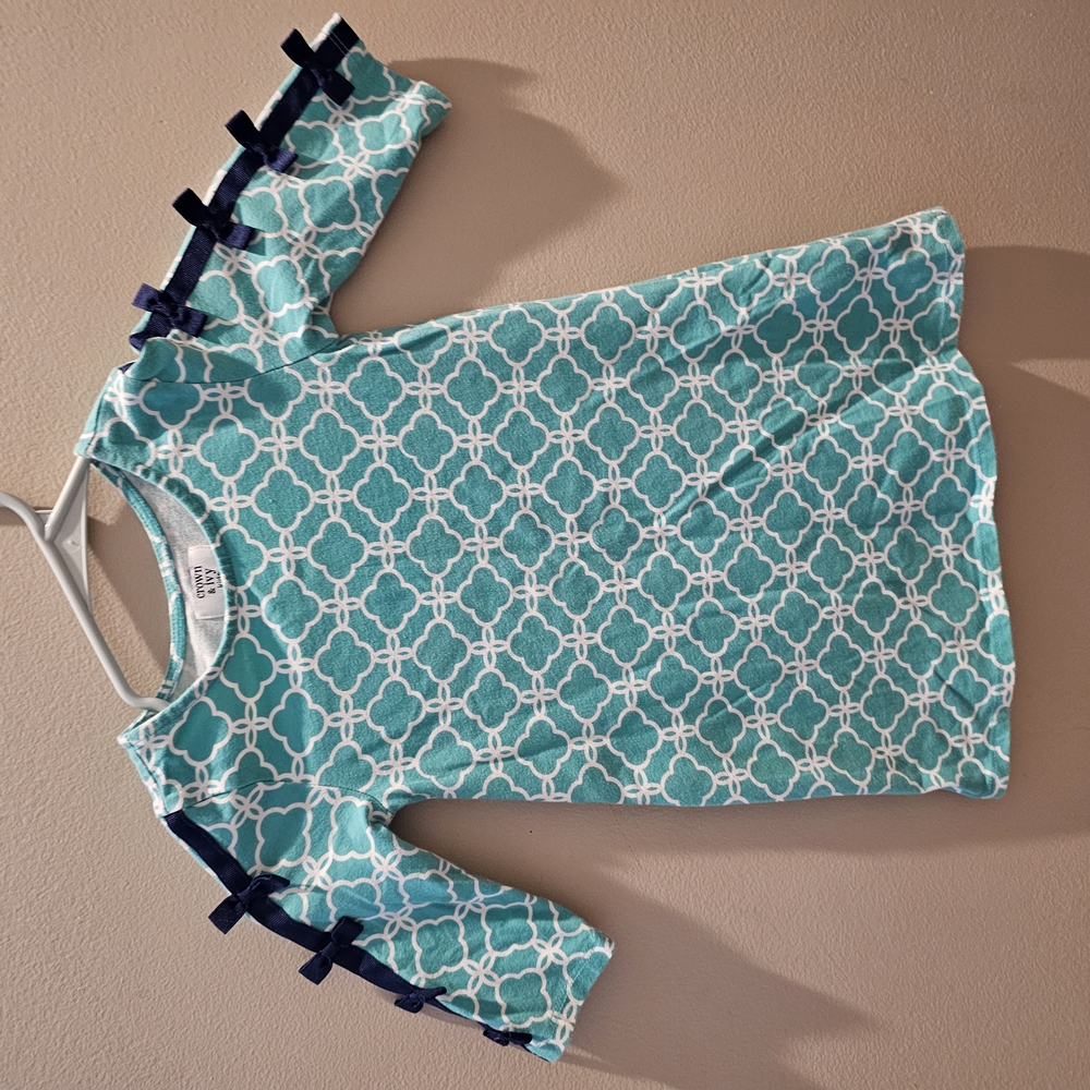 Teal and White Patterned Top with Navy Accents